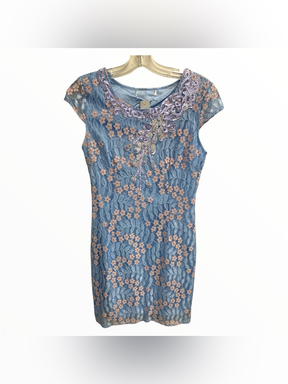 Blue Floral Lace Cap-Sleeve Dress with Embroidered Neckline Size XS